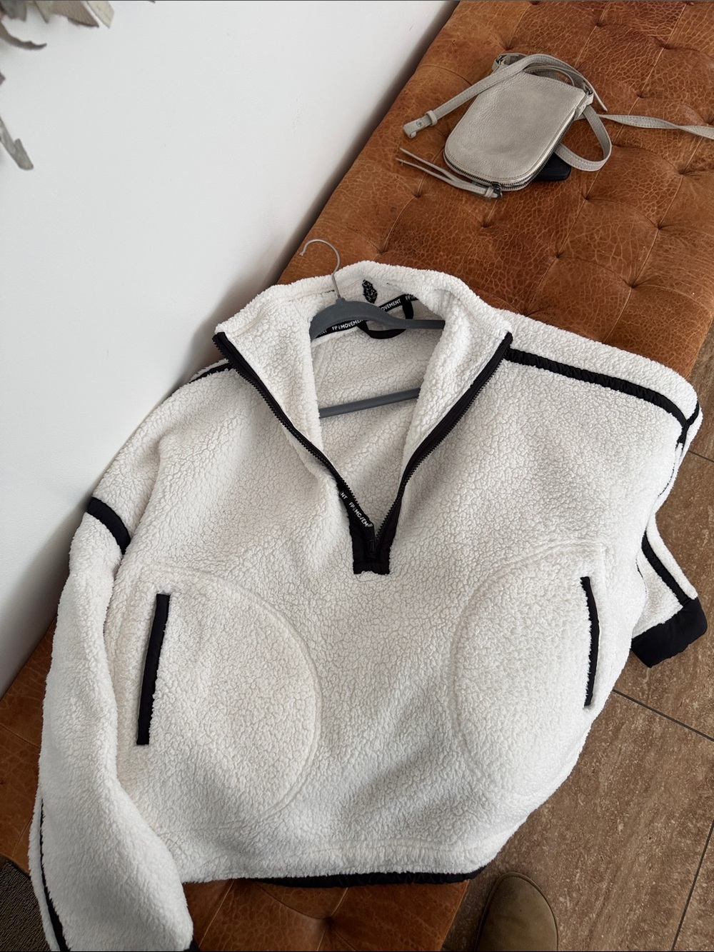 Free People White Sherpa Half-Zip Pullover with Black Trim
